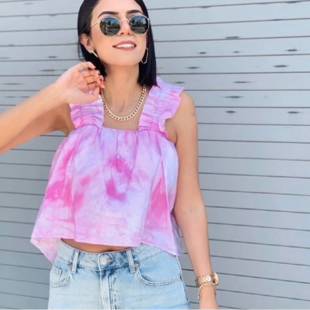 NWT Zara Ruffle Sleeve Airy Poplin Cotton Top in Pink Tie Dye size Large